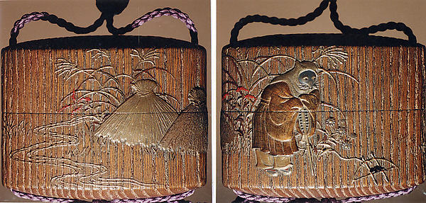 Case (Inrō) with a Fox from the Kyōgen Play "The Fox Hunter" (Tsurigitsune) (obverse); Haystacks and Stream from the Kyōgen Play "Hakuzosu" (reverse)